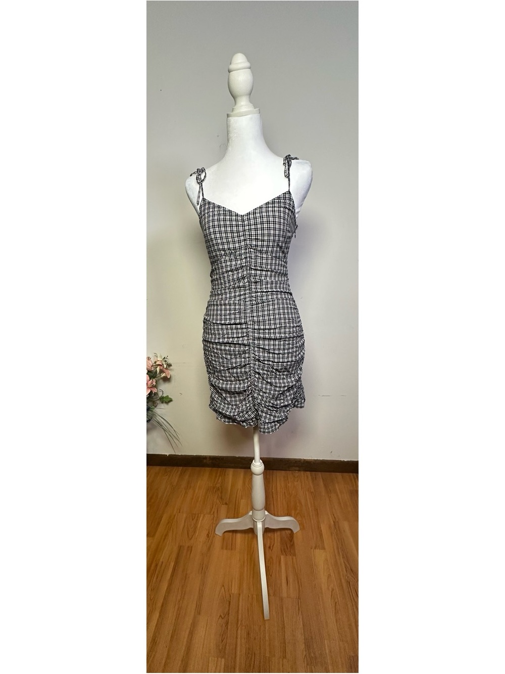 Hollister Black,Tan and White Gingham Mini Dress with Ruching and Ruffle Bottom